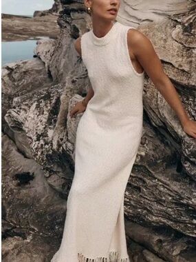 DISSH Cream Sleeveless Maxi Knit Dress with Fringe Hem